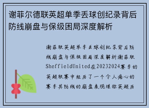 谢菲尔德联英超单季丢球创纪录背后防线崩盘与保级困局深度解析 谢菲尔德联英超单季丢球创纪录背后防线崩盘与保级困局深度解析